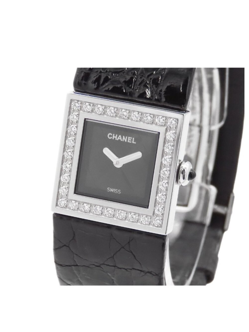 Chanel Quilted Black SS Leather Diamond Bezel Square Watch Quartz
